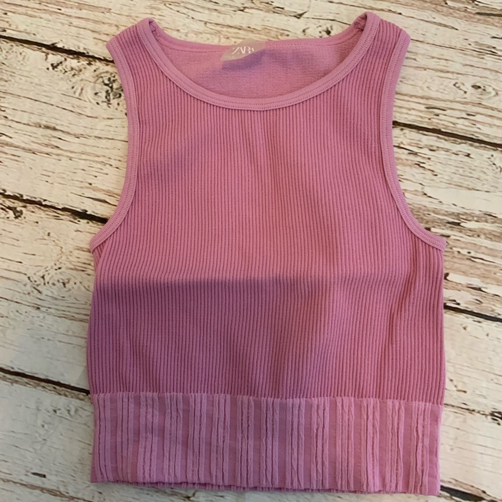 ZARA Pink Ribbed Crop‎ Stretchy Tank Top Size Large